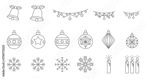 Christmas Ornaments and Decorations Line Art Collection.
