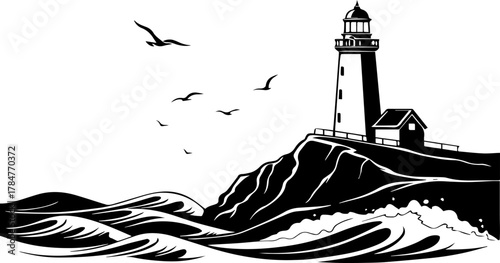 Silhouette of Lighthouse on Rocky Cliff with Crashing Waves – Vector Illustration