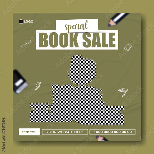Special book sale announcement with stack of books and decorative elements on green background.
Exciting special book sale announcement featuring stacked books and graduation cap on a vibrant green.
