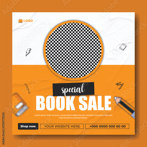Special book sale announcement with stack of books and decorative elements on green background.
Exciting special book sale announcement featuring stacked books and graduation cap on a vibrant green.