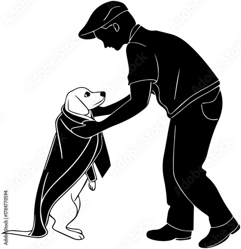 Silhouette of Person Wrapping Blanket Around Dog – Vector Illustration