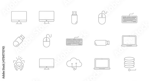 Collection of Computer Technology Icons and Symbols.