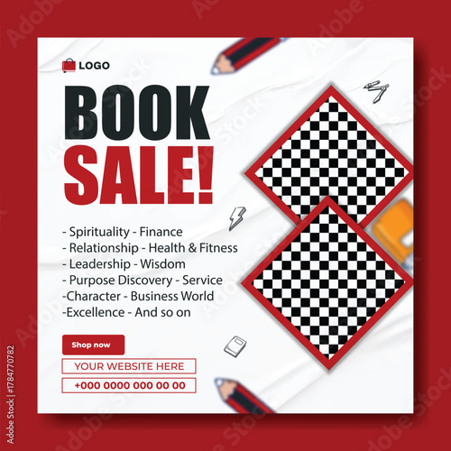 Special book sale announcement with stack of books and decorative elements on green background.
Exciting special book sale announcement featuring stacked books and graduation cap on a vibrant green.