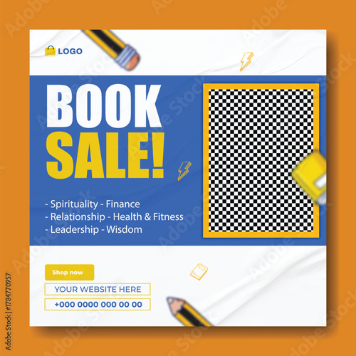 Special book sale announcement with stack of books and decorative elements on green background.
Exciting special book sale announcement featuring stacked books and graduation cap on a vibrant green.