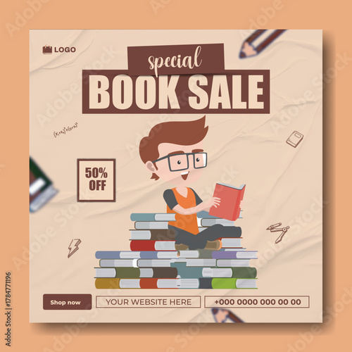 Special book sale announcement with stack of books and decorative elements on green background.
Exciting special book sale announcement featuring stacked books and graduation cap on a vibrant green.