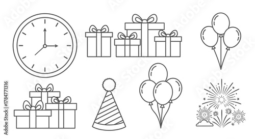 Collection of Hand-Drawn New Years Eve and Celebration Elements.