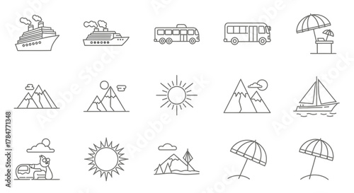 Collection of Hand-Drawn Travel and Vacation Icons.