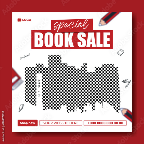 Special book sale announcement with stack of books and decorative elements on green background.
Exciting special book sale announcement featuring stacked books and graduation cap on a vibrant green.