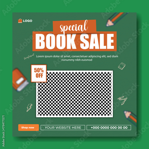 Special book sale announcement with stack of books and decorative elements on green background.
Exciting special book sale announcement featuring stacked books and graduation cap on a vibrant green.