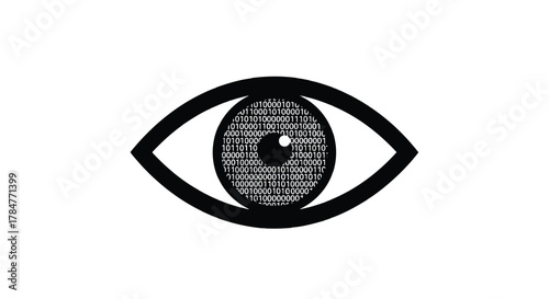 Digital eye symbol representing data surveillance and cyber security with binary code pattern inside the iris