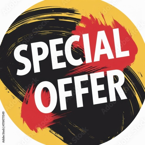 Special offer text on a yellow and black brush circle
