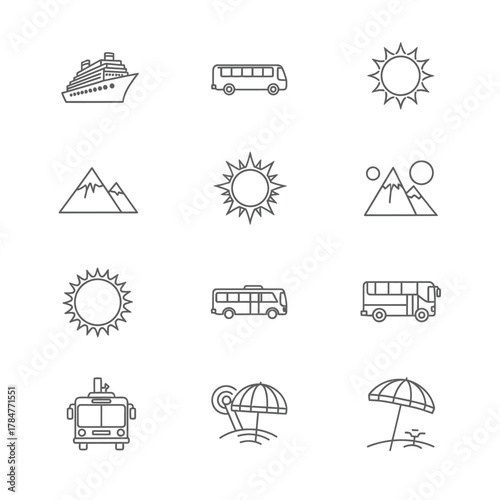Collection of travel and vacation icons including cruise ship, bus, sun, mountains, and beach umbrella.