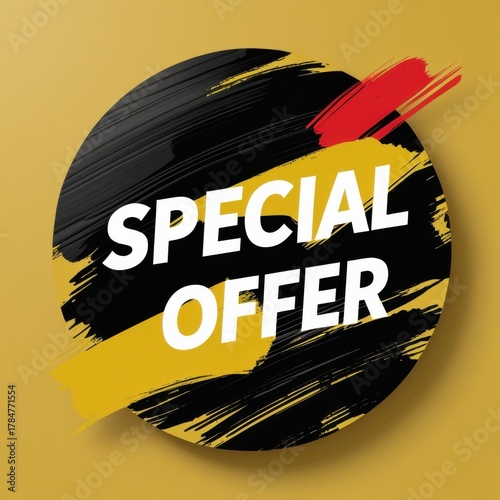 A sticker with special offer text on a yellow background