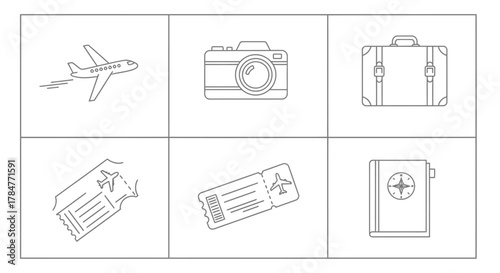 Collection of Travel Icons Airplane Camera Suitcase Tickets and Passport.