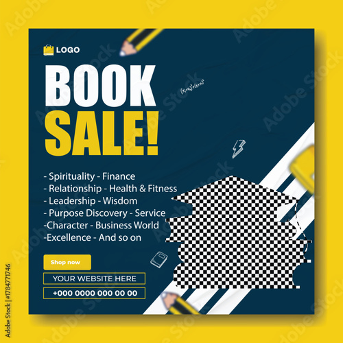 Special book sale announcement with stack of books and decorative elements on green background.
Exciting special book sale announcement featuring stacked books and graduation cap on a vibrant green.