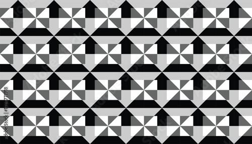 Monochrome geometric seamless pattern featuring repeating triangular and diamond shapes in black, white, and gray tones. The abstract design creates a bold optical illusion effect