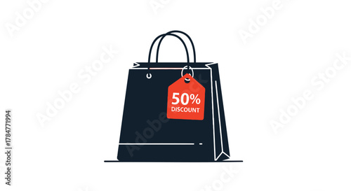 Simple flat design illustration of a dark blue shopping bag with a red tag showing fifty percent discount