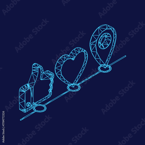 Isometric Social Media Icons Like Heart Location Pin - Modern Blue Wireframe Vector Graphic for Digital Marketing Engagement and Navigation on Dark Background
