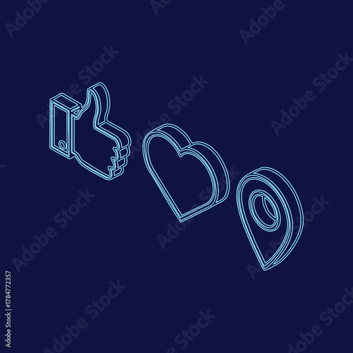 Isometric Social Media Icons Vector Illustration - Thumbs Up Heart Location Pin - Trendy Design Modern Style Web Elements App Graphics Neon Blue Aesthetic