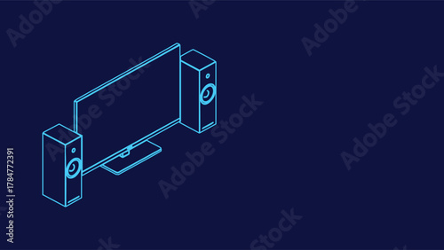 Isometric Television Set with Loudspeakers Vector Illustration - Modern Entertainment System Design Home Cinema Concept Technology Audio Equipment Blue Outline