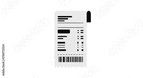 Stylized flat design illustration of a retail receipt or invoice with a barcode and text lines on a white background