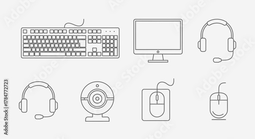 Computer Peripherals Line Art - Keyboard, Monitor, Headsets, Webcam, and Mice.