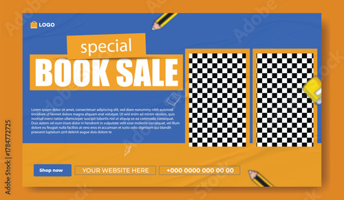 Special book sale announcement with stack of books and decorative elements on green background.
Exciting special book sale announcement featuring stacked books and graduation cap on a vibrant green.