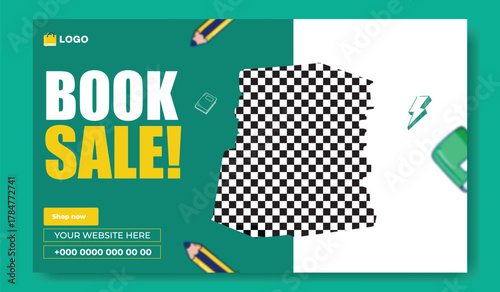 Special book sale announcement with stack of books and decorative elements on green background.
Exciting special book sale announcement featuring stacked books and graduation cap on a vibrant green.