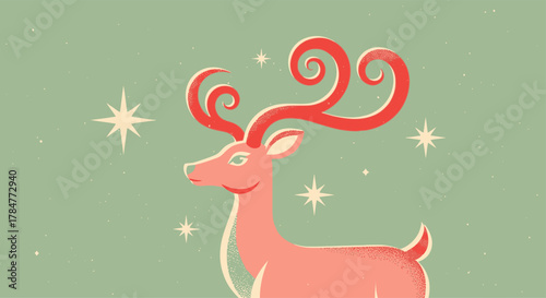 Elegant reindeer with curly antlers stands gracefully, a festive winter illustration.