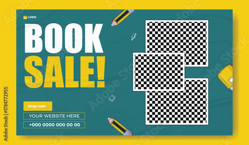 Special book sale announcement with stack of books and decorative elements on green background.
Exciting special book sale announcement featuring stacked books and graduation cap on a vibrant green.