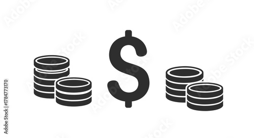 A simple black icon of a dollar sign surrounded by stacks of coins on a white background representing wealth and financial concepts