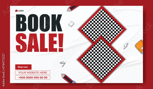 Special book sale announcement with stack of books and decorative elements on green background.
Exciting special book sale announcement featuring stacked books and graduation cap on a vibrant green.