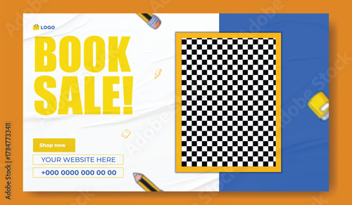 Special book sale announcement with stack of books and decorative elements on green background.
Exciting special book sale announcement featuring stacked books and graduation cap on a vibrant green.