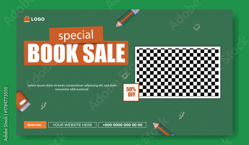 Special book sale announcement with stack of books and decorative elements on green background.
Exciting special book sale announcement featuring stacked books and graduation cap on a vibrant green.