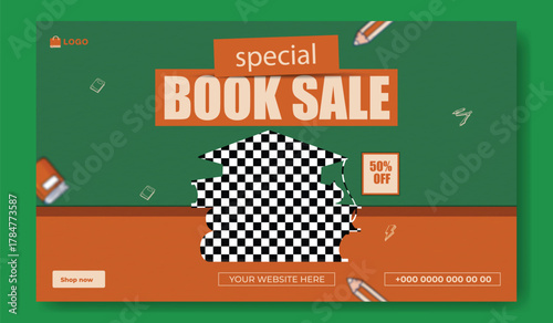 Special book sale announcement with stack of books and decorative elements on green background.
Exciting special book sale announcement featuring stacked books and graduation cap on a vibrant green.