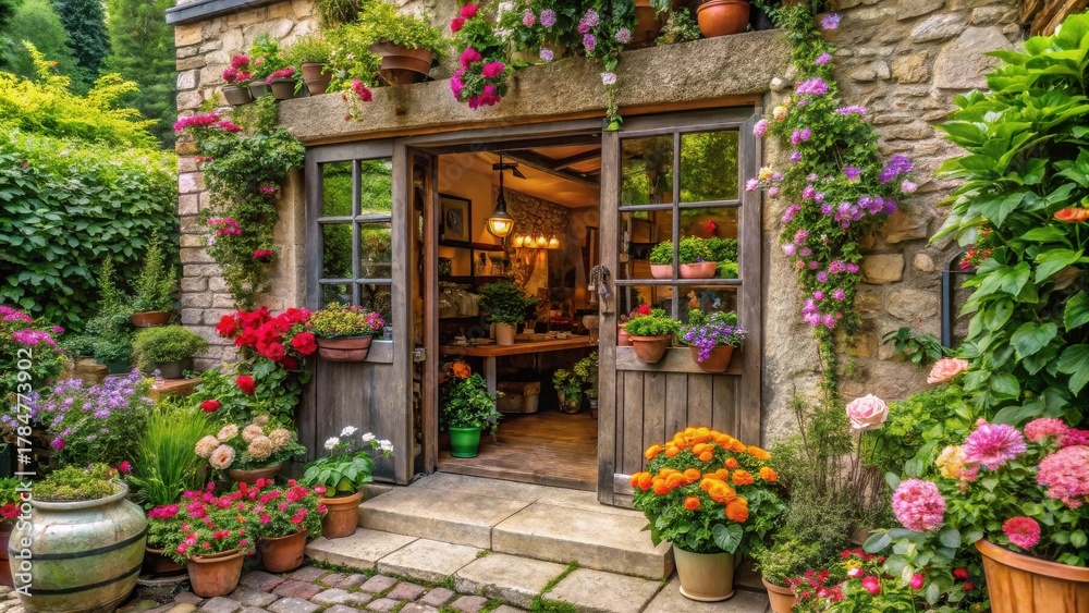 Naklejka premium Stone building's charming entrance adorned with vibrant blooming flowers in various pots and planters, creating a picturesque garden scene.