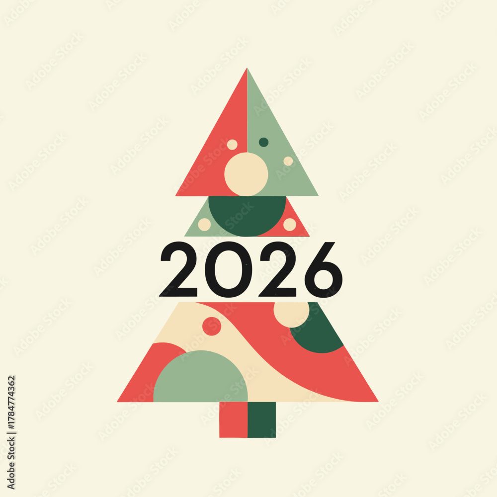 Fototapeta premium Festive Christmas tree design with the year 2026 displayed prominently.