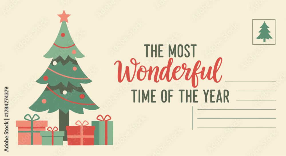 Naklejka premium Festive Christmas Tree with Gifts and Holiday Greeting.