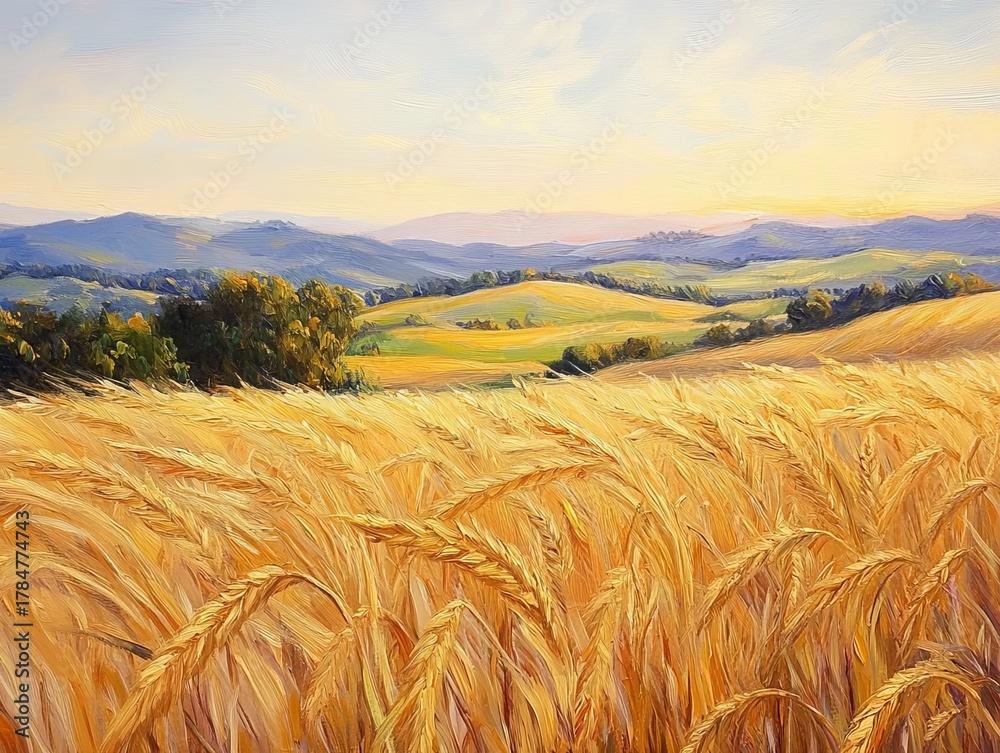 Obraz premium Golden wheat field swaying in tuscany landscape painting