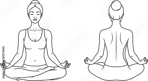 Beautiful woman practicing yoga in lotus pose front and back view, meditation illustration, mindfulness, relaxation, healthy lifestyle concept, vector line art.