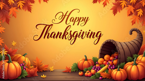 Warm and cozy Thanksgiving holiday illustration, with calligraphic Happy Thanksgiving Day text at the center, decorated with fall leaves and harvest icons, in a rich autumn color palette for a classic