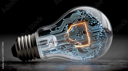 A light bulb featuring bright circuit patterns rests on a dark, textured surface