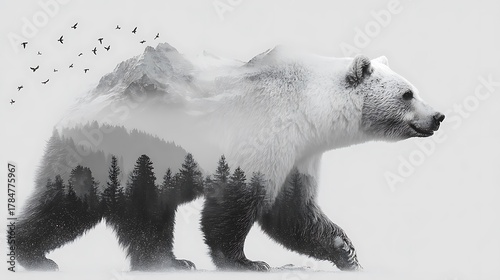 A large monochrome bear walks, its body reveals forest, mountains, and soaring birds