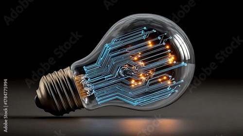 A lightbulb with luminous blue circuit board lines shines brightly on a dark background