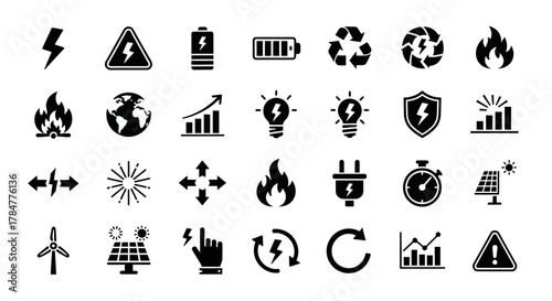 Collection of black icons depicting environmental conservation and energy on white background