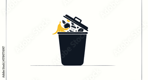 A dark blue trash can overflowing with various fruits and vegetable scraps and leaves on a white background