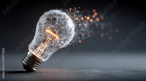 Abstract lightbulb shines brilliantly with radiating connected network lines and luminous bokeh particles