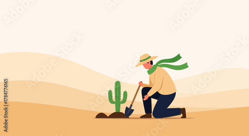 A hopeful farmer plants a cactus in the arid desert landscape symbolizing resilience and optimism