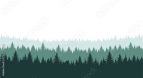 A serene forest landscape with layers of evergreen trees in varying shades of green and a white sky above