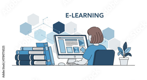 Digital education concept depicting a girl studying online using a computer for learning at home